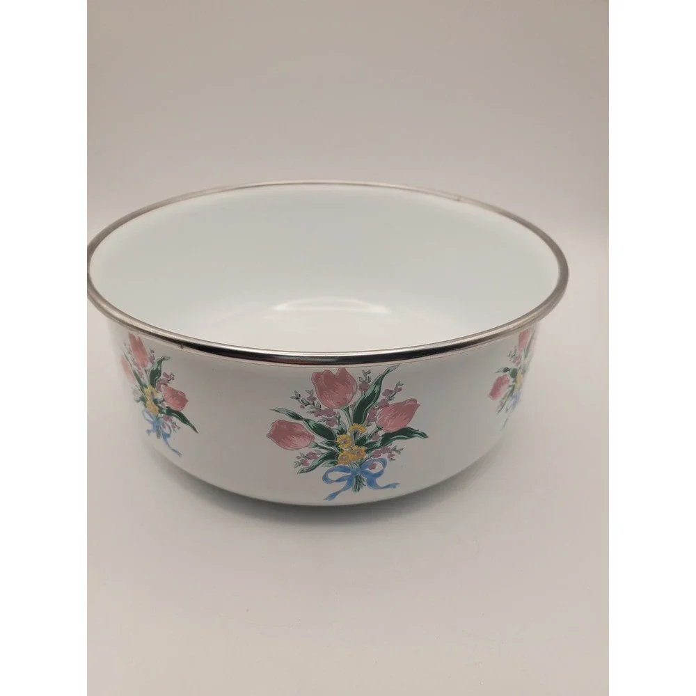 Vintage 1970s Floral Tulip Enamelware Nesting Bowls - Set of 3